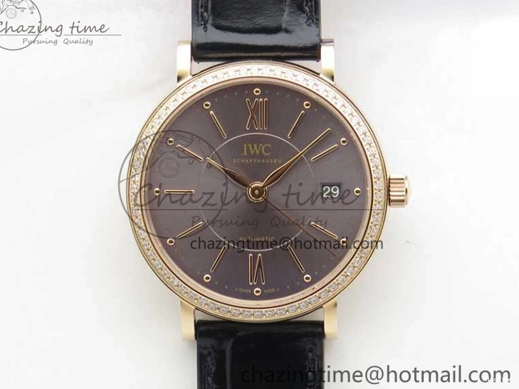 MIROTIME 0522 Durable Portofino 37mm RG V7F 1:1 Best Edition Gray Dial Diamonds Bezel on Black Leather Strap A 7089